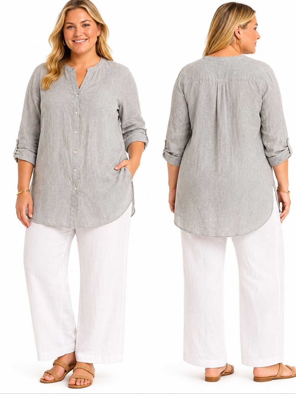 Tahari 100% Linen Collarless Button Up Tunic Top Women’s 1X Gray Casual Chic